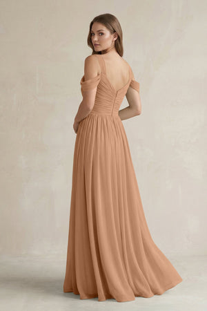 Off - the - Shoulder A - Line Chiffon Bridesmaid Dress With Slit in Bronzer - SHE IS ME Bridesmaid Dresses
