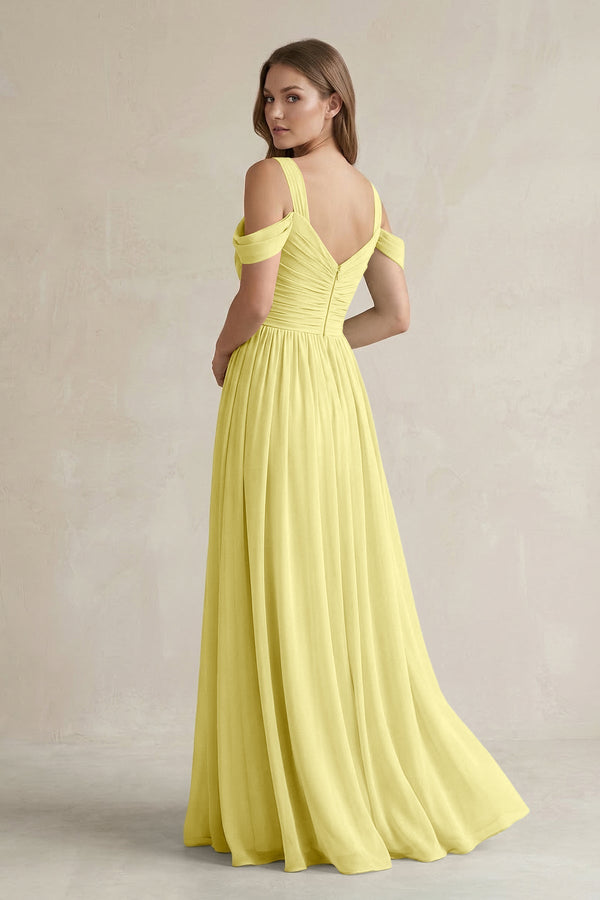 Off - the - Shoulder A - Line Chiffon Bridesmaid Dress With Slit in Buttercup - SHE IS ME Bridesmaid Dresses