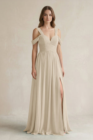 Off - the - Shoulder A - Line Chiffon Bridesmaid Dress With Slit in Champagne - SHE IS ME Bridesmaid Dresses