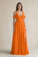 Off - the - Shoulder A - Line Chiffon Bridesmaid Dress With Slit in Cinnamon - SHE IS ME Bridesmaid Dresses