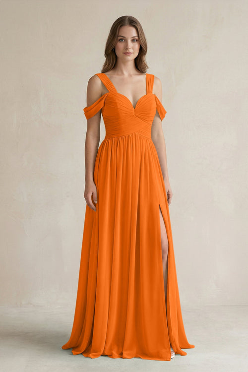 Off - the - Shoulder A - Line Chiffon Bridesmaid Dress With Slit in Cinnamon - SHE IS ME Bridesmaid Dresses