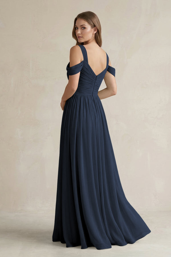 Off - the - Shoulder A - Line Chiffon Bridesmaid Dress With Slit in Dark Navy - SHE IS ME Bridesmaid Dresses