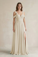 Off - the - Shoulder A - Line Chiffon Bridesmaid Dress With Slit in Dove Gray - SHE IS ME Bridesmaid Dresses