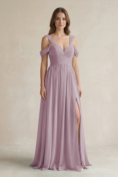 Off - the - Shoulder A - Line Chiffon Bridesmaid Dress With Slit in Dusk - SHE IS ME Bridesmaid Dresses