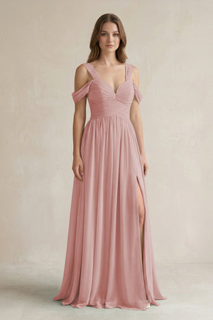Off - the - Shoulder A - Line Chiffon Bridesmaid Dress With Slit in Dusty Rose - SHE IS ME Bridesmaid Dresses