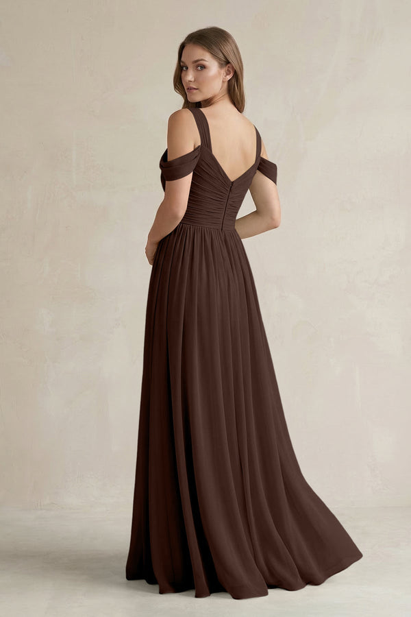 Off - the - Shoulder A - Line Chiffon Bridesmaid Dress With Slit in Espresso - SHE IS ME Bridesmaid Dresses