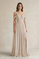 Off - the - Shoulder A - Line Chiffon Bridesmaid Dress With Slit in Frost - SHE IS ME Bridesmaid Dresses