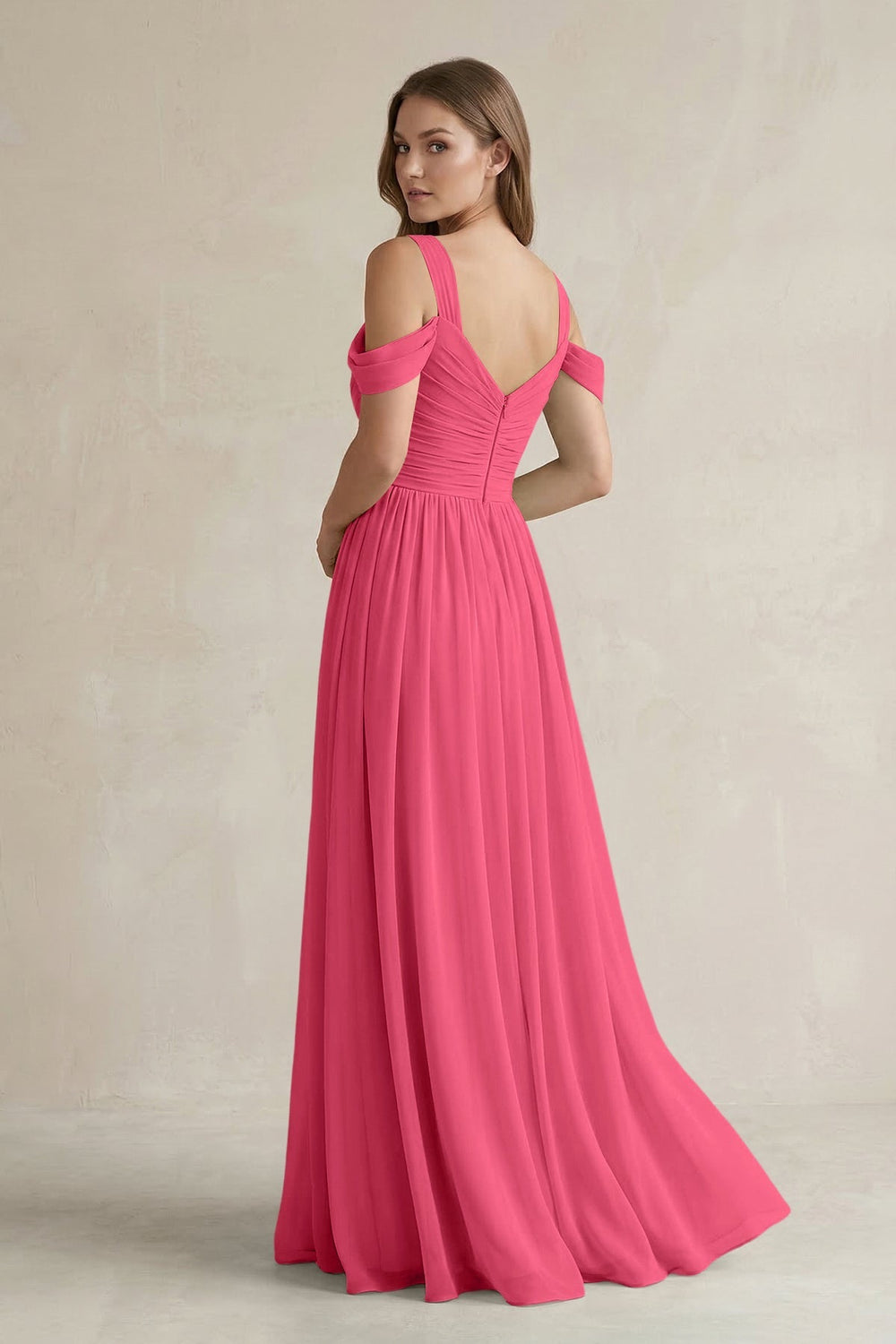 Off - the - Shoulder A - Line Chiffon Bridesmaid Dress With Slit in Fuchsia - SHE IS ME Bridesmaid Dresses