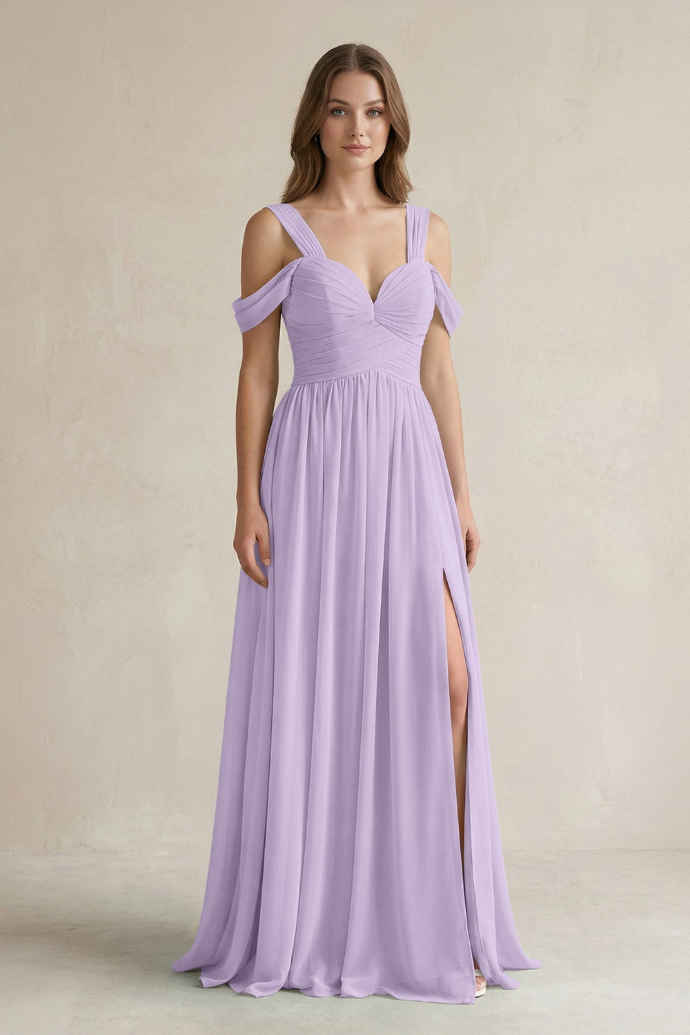 Off - the - Shoulder A - Line Chiffon Bridesmaid Dress With Slit in Lavender - SHE IS ME Bridesmaid Dresses
