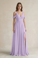 Off - the - Shoulder A - Line Chiffon Bridesmaid Dress With Slit in Lavender - SHE IS ME Bridesmaid Dresses