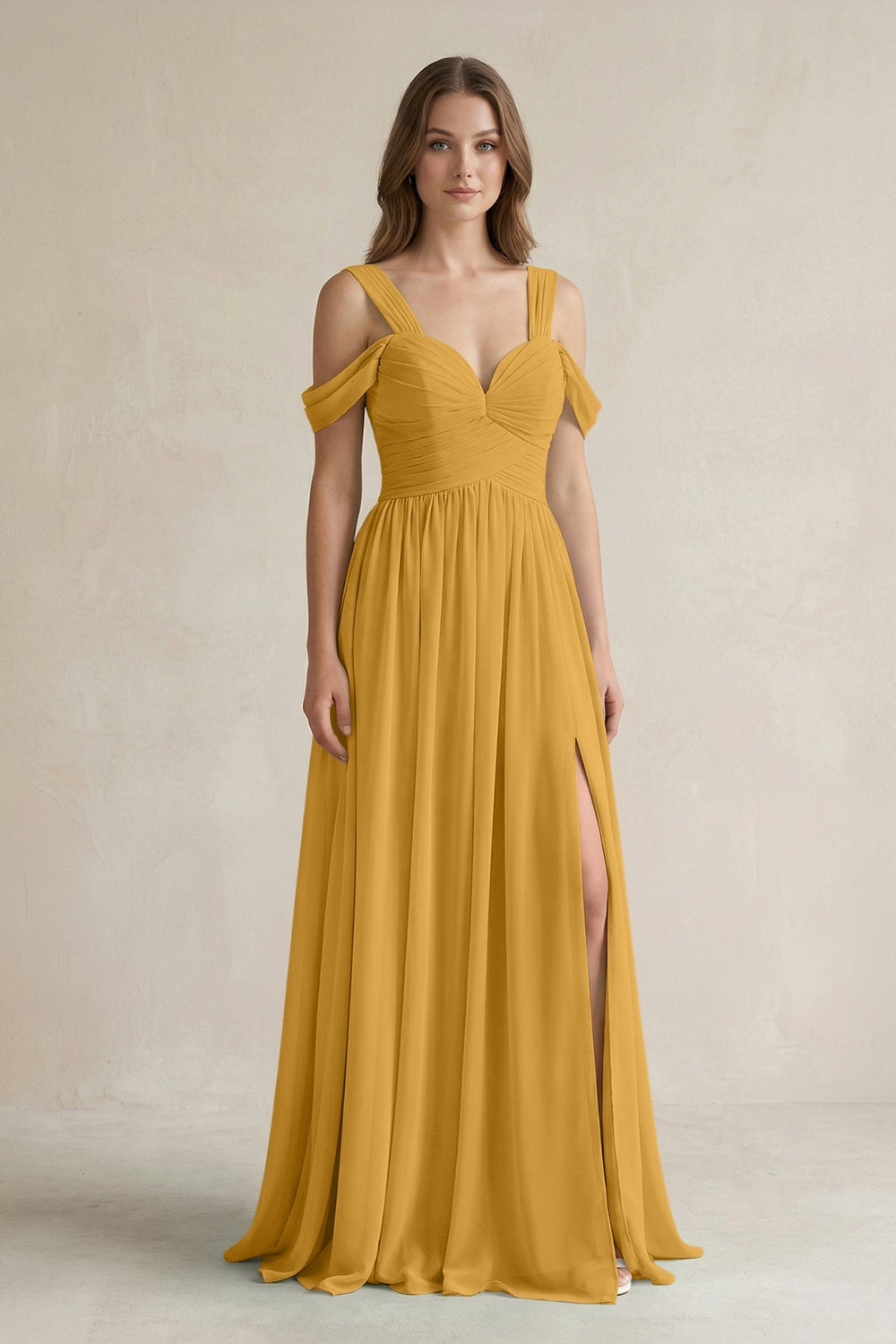 Off - the - Shoulder A - Line Chiffon Bridesmaid Dress With Slit in Marigold - SHE IS ME Bridesmaid Dresses