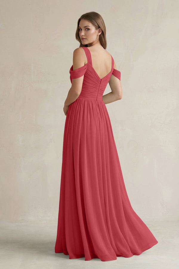 Off - the - Shoulder A - Line Chiffon Bridesmaid Dress With Slit in Merlot - SHE IS ME Bridesmaid Dresses