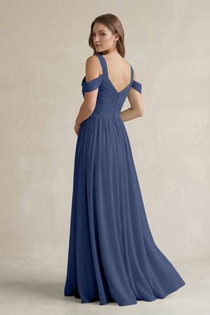 Off - the - Shoulder A - Line Chiffon Bridesmaid Dress With Slit in Navy - SHE IS ME Bridesmaid Dresses