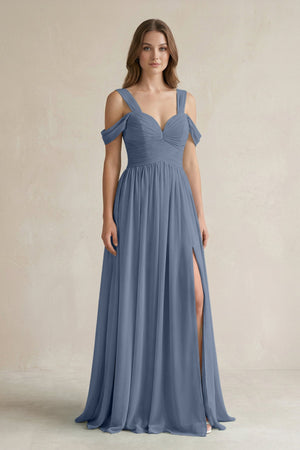 Off - the - Shoulder A - Line Chiffon Bridesmaid Dress With Slit in Neptune - SHE IS ME Bridesmaid Dresses