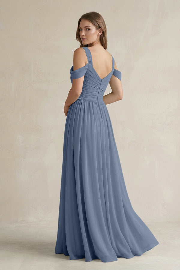 Off - the - Shoulder A - Line Chiffon Bridesmaid Dress With Slit in Neptune - SHE IS ME Bridesmaid Dresses