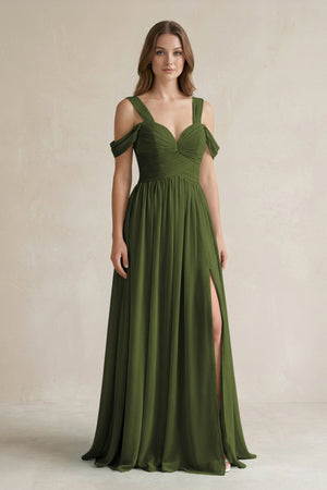Off - the - Shoulder A - Line Chiffon Bridesmaid Dress With Slit in Olive - SHE IS ME Bridesmaid Dresses