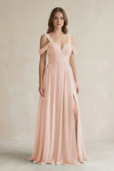 Off - the - Shoulder A - Line Chiffon Bridesmaid Dress With Slit in Pale Blush - SHE IS ME Bridesmaid Dresses