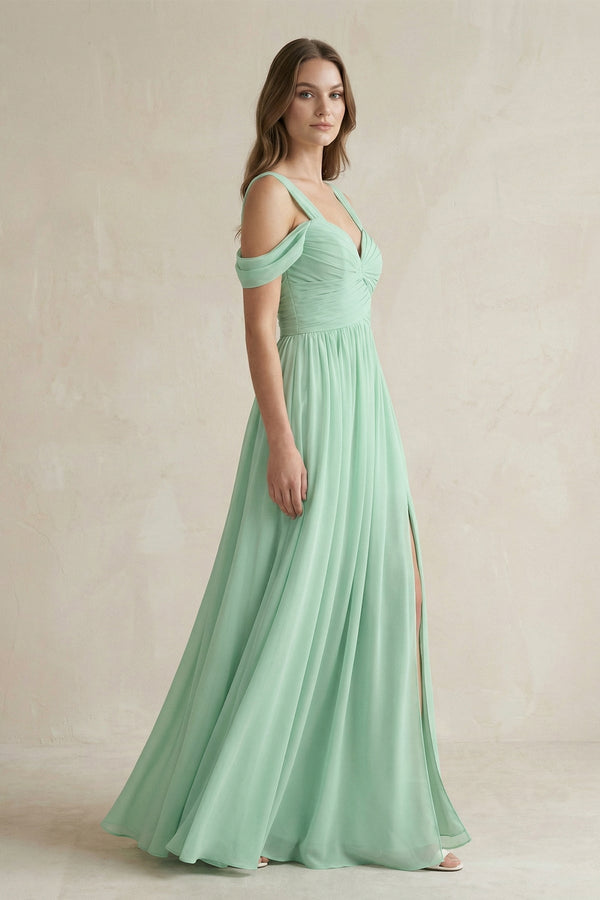 Off-the-Shoulder A-Line Chiffon Bridesmaid Dress With Slit in Pale Pistachio - SHE IS ME BRIDESMAID DRESSES
