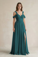 Off - the - Shoulder A - Line Chiffon Bridesmaid Dress With Slit in Pine - SHE IS ME Bridesmaid Dresses