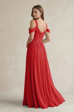 Off - the - Shoulder A - Line Chiffon Bridesmaid Dress With Slit in Ruby Red - SHE IS ME Bridesmaid Dresses
