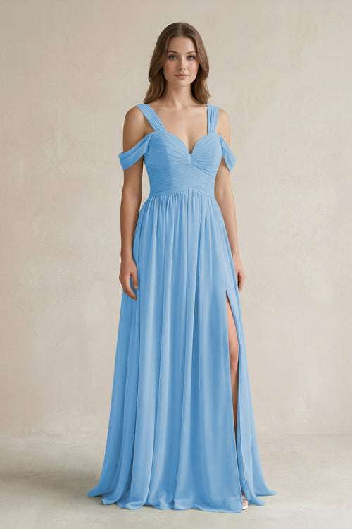Off - the - Shoulder A - Line Chiffon Bridesmaid Dress With Slit in Steel Blue - SHE IS ME Bridesmaid Dresses