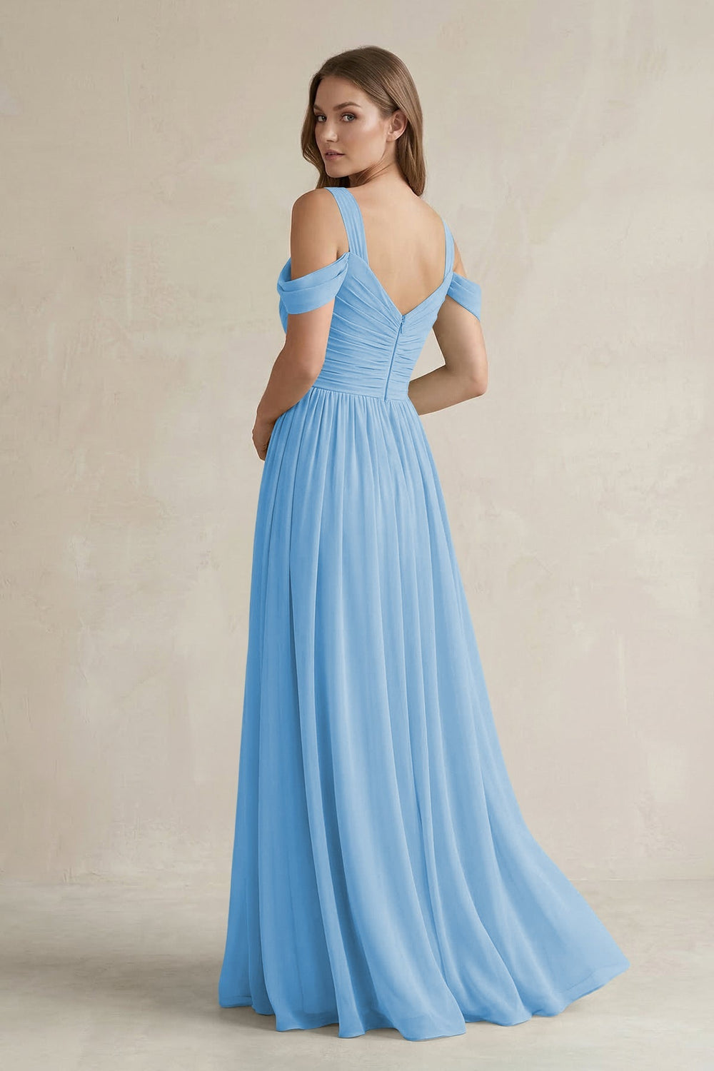 Off - the - Shoulder A - Line Chiffon Bridesmaid Dress With Slit in Steel Blue - SHE IS ME Bridesmaid Dresses