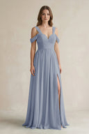 Off - the - Shoulder A - Line Chiffon Bridesmaid Dress With Slit in Twilight - SHE IS ME Bridesmaid Dresses