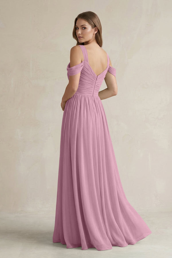 Off - the - Shoulder A - Line Chiffon Bridesmaid Dress With Slit in Vintage Mauve - SHE IS ME Bridesmaid Dresses