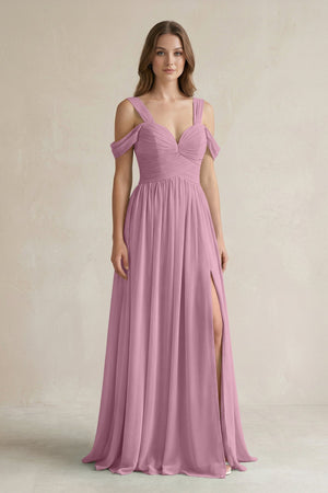 Off - the - Shoulder A - Line Chiffon Bridesmaid Dress With Slit in Vintage Mauve - SHE IS ME Bridesmaid Dresses