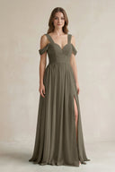 Off - the - Shoulder A - Line Chiffon Bridesmaid Dress With Slit in Willow Green - SHE IS ME Bridesmaid Dresses