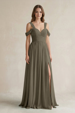 Off - the - Shoulder A - Line Chiffon Bridesmaid Dress With Slit in Willow Green - SHE IS ME Bridesmaid Dresses