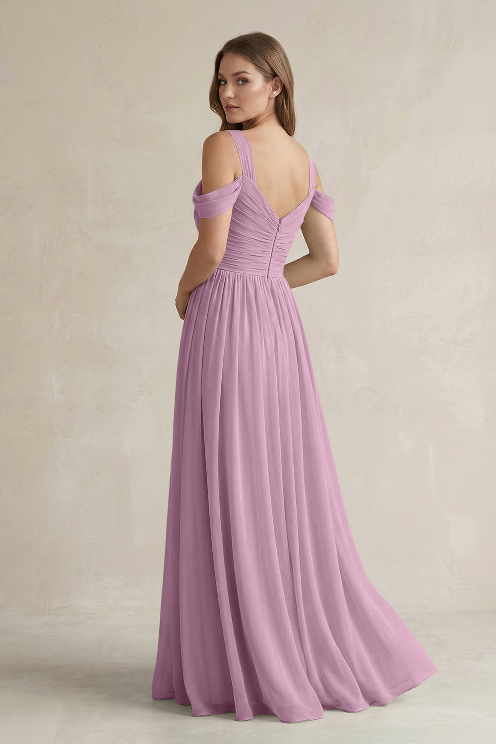 Off - the - Shoulder A - Line Chiffon Bridesmaid Dress With Slit in Wisteria - SHE IS ME Bridesmaid Dresses