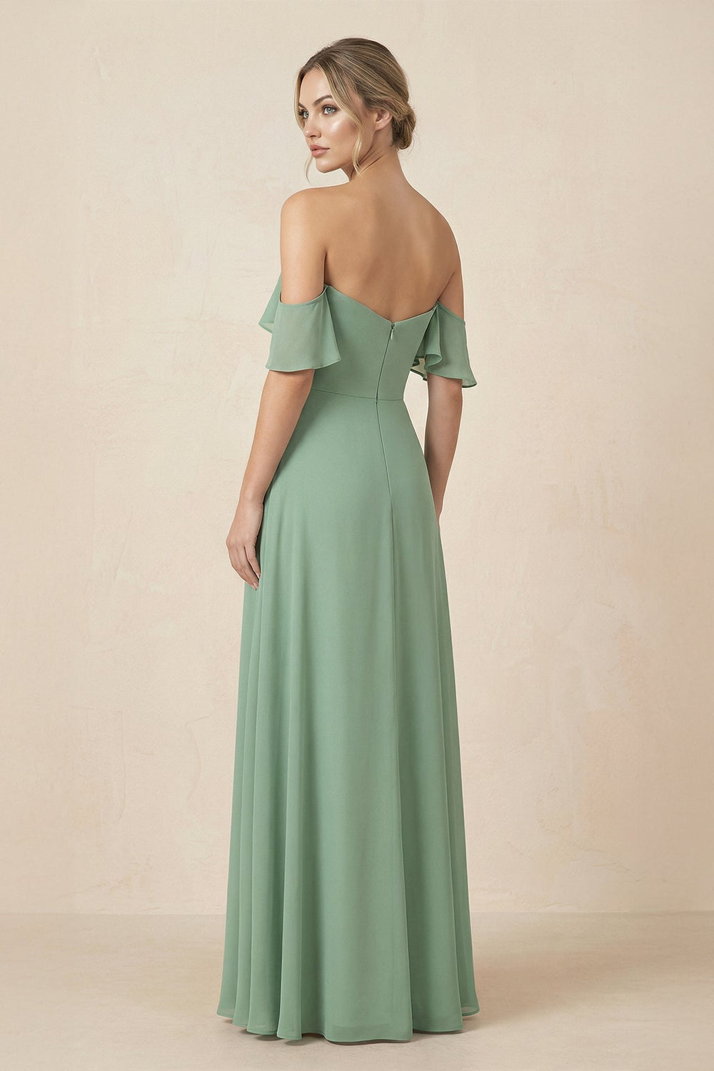 Off-the-Shoulder A-Line Chiffon Ruched Bridesmaid Dress in Sea Glass - SHE IS ME BRIDESMAID DRESSES