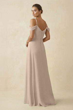 Off - the - Shoulder A - Line Pleated Chiffon Bridesmaid Gown in Almond - SHE IS ME Bridesmaid Dresses