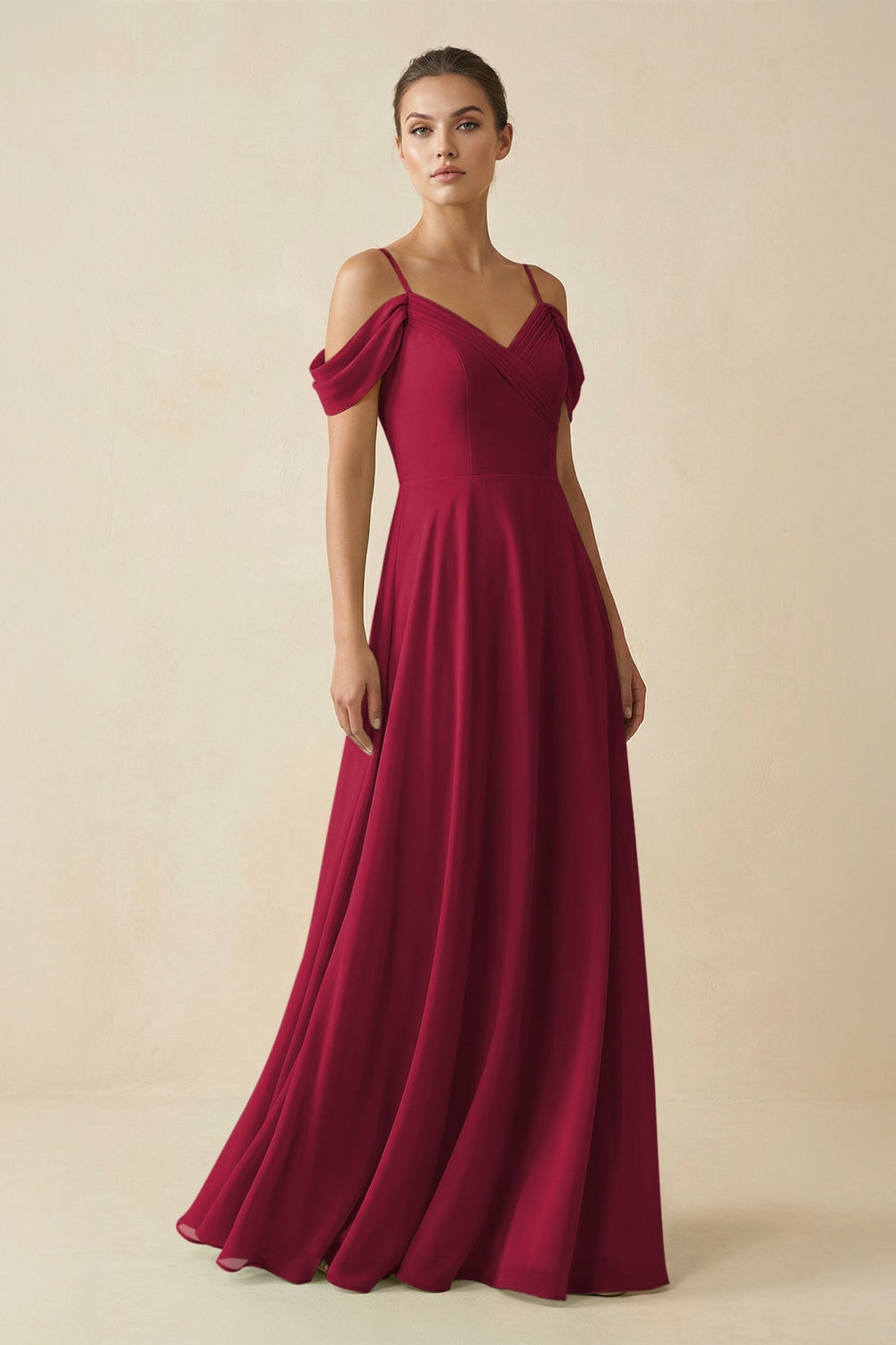 Off - the - Shoulder A - Line Pleated Chiffon Bridesmaid Gown in Berry - SHE IS ME Bridesmaid Dresses