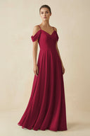 Off - the - Shoulder A - Line Pleated Chiffon Bridesmaid Gown in Berry - SHE IS ME Bridesmaid Dresses