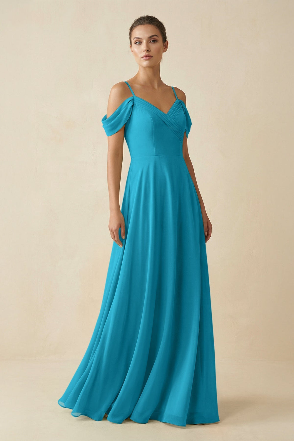 Off - the - Shoulder A - Line Pleated Chiffon Bridesmaid Gown in Blue Jay - SHE IS ME Bridesmaid Dresses