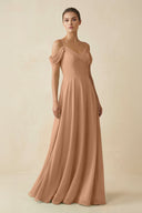 Off - the - Shoulder A - Line Pleated Chiffon Bridesmaid Gown in Bronzer - SHE IS ME Bridesmaid Dresses