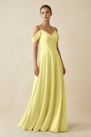 Off - the - Shoulder A - Line Pleated Chiffon Bridesmaid Gown in Buttercup - SHE IS ME Bridesmaid Dresses