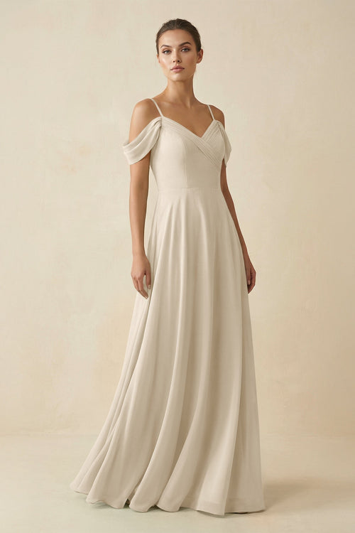 Off - the - Shoulder A - Line Pleated Chiffon Bridesmaid Gown in Champagne - SHE IS ME Bridesmaid Dresses
