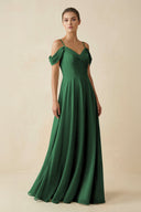 Off - the - Shoulder A - Line Pleated Chiffon Bridesmaid Gown in Dark Green - SHE IS ME Bridesmaid Dresses