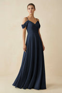 Off - the - Shoulder A - Line Pleated Chiffon Bridesmaid Gown in Dark Navy - SHE IS ME Bridesmaid Dresses