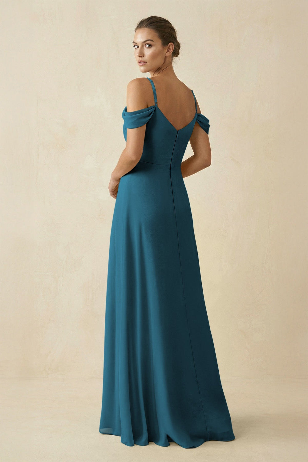 Off - the - Shoulder A - Line Pleated Chiffon Bridesmaid Gown in Dark Teal - SHE IS ME Bridesmaid Dresses