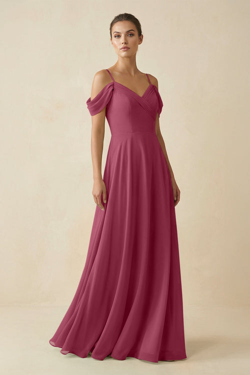 Off - the - Shoulder A - Line Pleated Chiffon Bridesmaid Gown in Desert Rose - SHE IS ME Bridesmaid Dresses