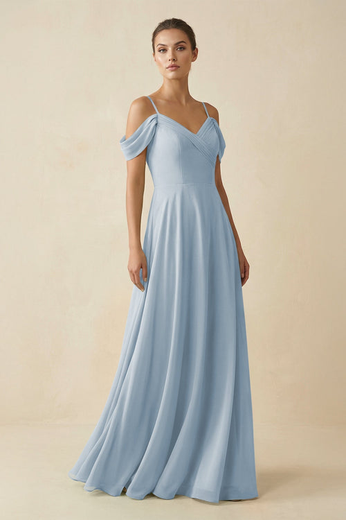 Off - the - Shoulder A - Line Pleated Chiffon Bridesmaid Gown in Dusty Blue - SHE IS ME Bridesmaid Dresses