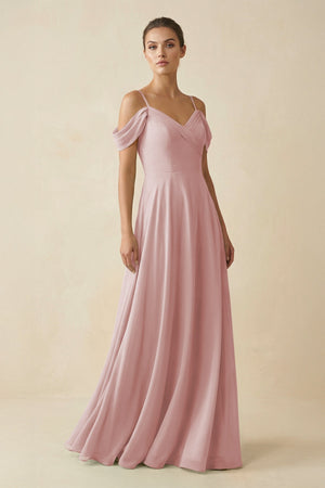 Off - the - Shoulder A - Line Pleated Chiffon Bridesmaid Gown in Dusty Rose - SHE IS ME Bridesmaid Dresses