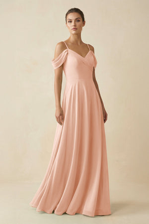 Off - the - Shoulder A - Line Pleated Chiffon Bridesmaid Gown in English Rose - SHE IS ME Bridesmaid Dresses