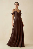 Off - the - Shoulder A - Line Pleated Chiffon Bridesmaid Gown in Espresso - SHE IS ME Bridesmaid Dresses