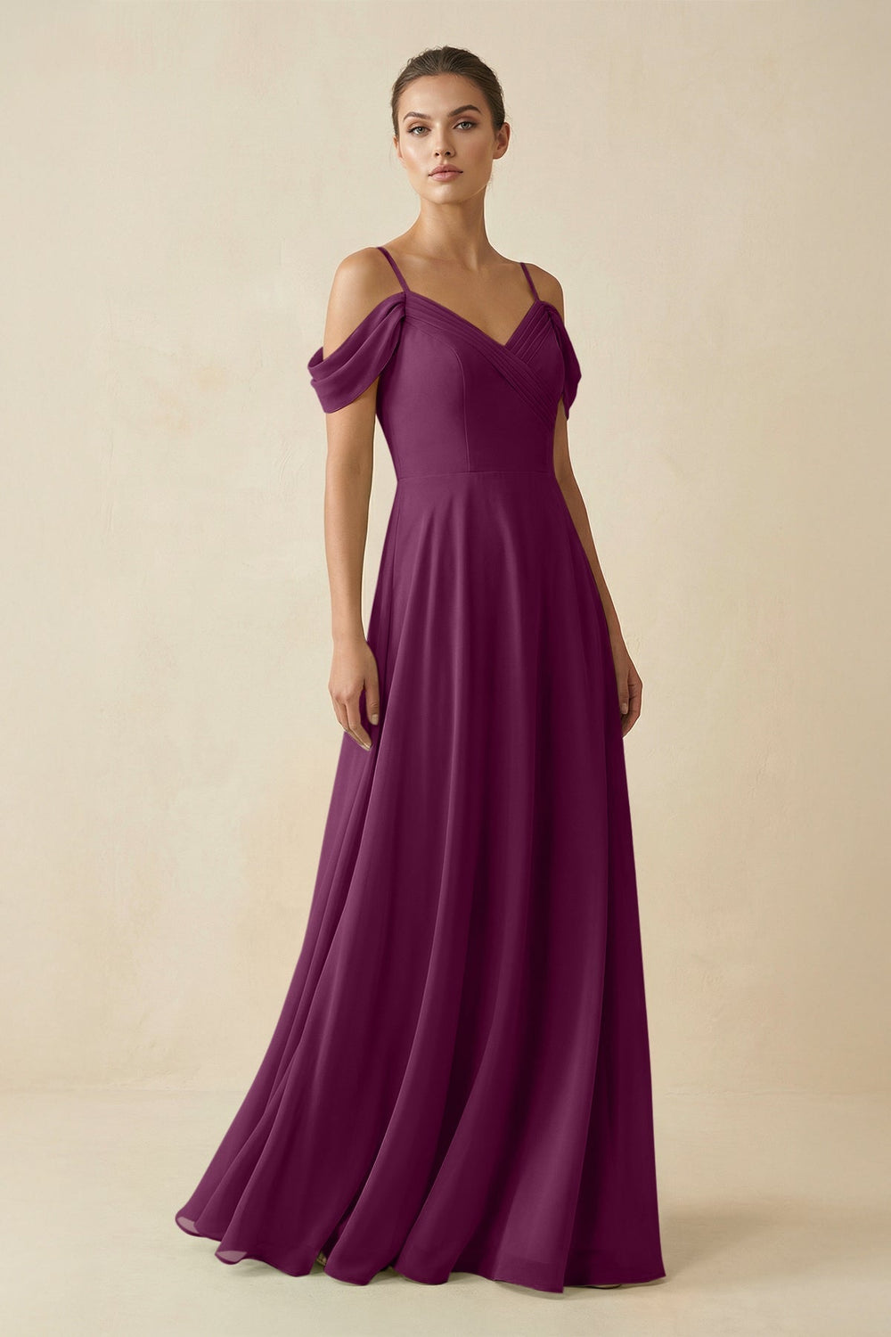 Off - the - Shoulder A - Line Pleated Chiffon Bridesmaid Gown in Fig - SHE IS ME Bridesmaid Dresses