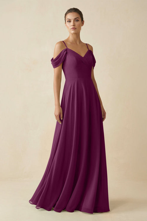 Off - the - Shoulder A - Line Pleated Chiffon Bridesmaid Gown in Fig - SHE IS ME Bridesmaid Dresses